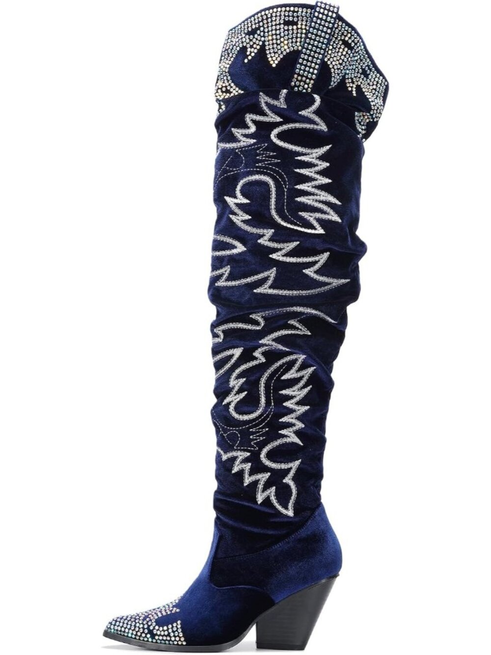 🆕 Women's Blue Rhinestone Embroidered Cowboy Wide Calf Over The Knee Boots